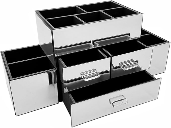 OnDisplay Amara 3 Drawer Tiered Mirrored Makeup/Jewelry Organizer - Glass Panel Organization Station for Cosmetics, Jewelry or Office/Desk Supplies
