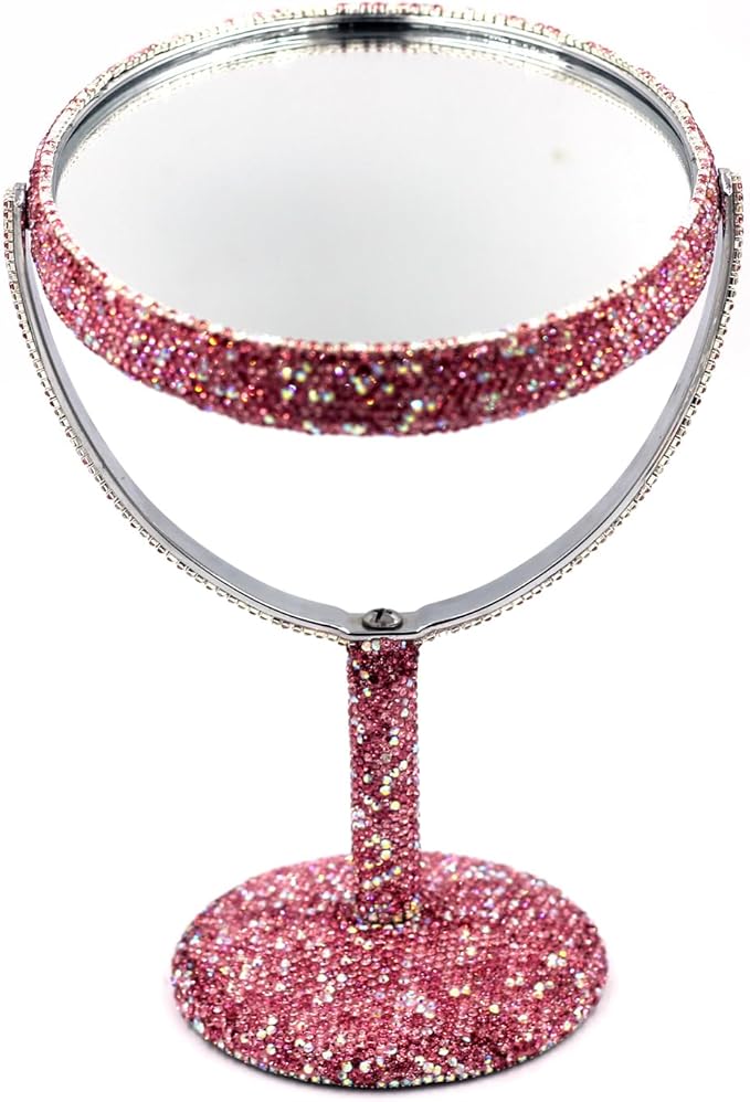 Bling Bling 6-Inch Double-Sided Tabletop Makeup Mirror, Oval Metal Makeup Mirror with 1:2 Magnifying Mirror, Rotating Mirror for Vanity (Pink)