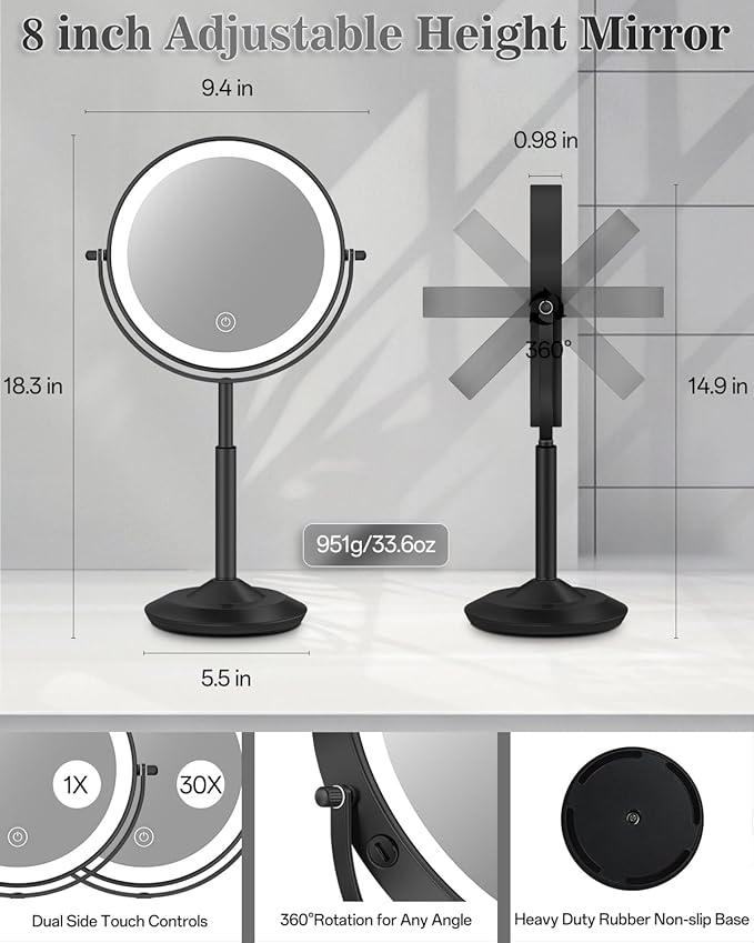 vpu Makeup Mirror with Lights, 1X/30X Lighted Magnifying Mirror Height Adjustable, 3000mAh Rechargeable Double Sided Vanity Mirrors with 3 LED Lighting and Adjustable Brightness for Desk Women Gift