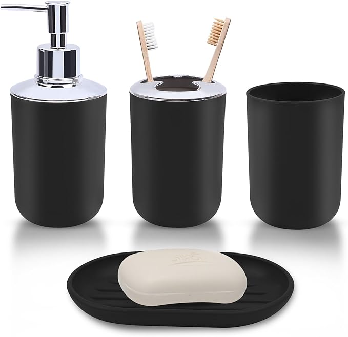 Matte Black Bathroom Accessories Set, 4-Piece Plastic Black Bathroom Organizer with Soap Dispenser, Toothbrush Holder, Rinse Cup & Soap Dish, Classic Black Bathroom Decor