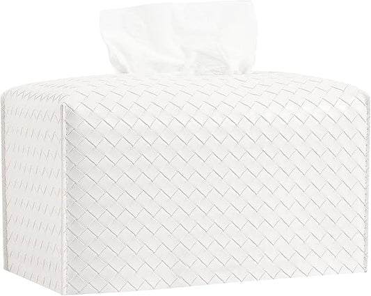 Tissue Box Cover PU Leather Tissue Holder Square Facial Tissue Case Facial Paper Organizer Dispenser for Bathroom, Vanity Countertop, Tabletop, Car, Rectangle, White