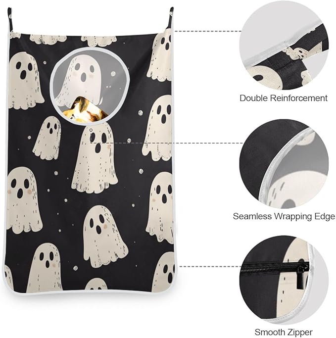 Cute Halloween Ghost Black Hanging Laundry Hamper Door Hampers Bag Basket with Stainless Steel Hooks Oxford Fabric Printing Decorative Clothes Bags 29.5X20inch 2Pack