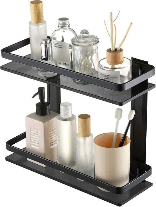 KES 2 Tier Bathroom Glass Shelves, Black Extra Thick Tempered Glass Rectangular, Aluminum Double Shelves Wall Mounted, BGS4126B-BK