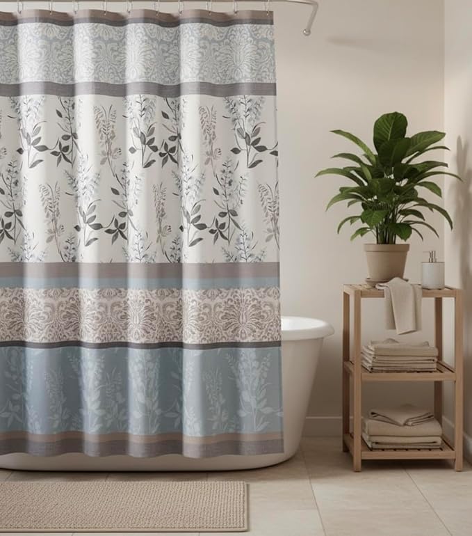 Serafina Home Hotel Quality Fabric Bathroom Shower Curtain: Farmhouse Floral Bordered Damask - Light Blue, Beige, and Grey (72 x 70 inches)