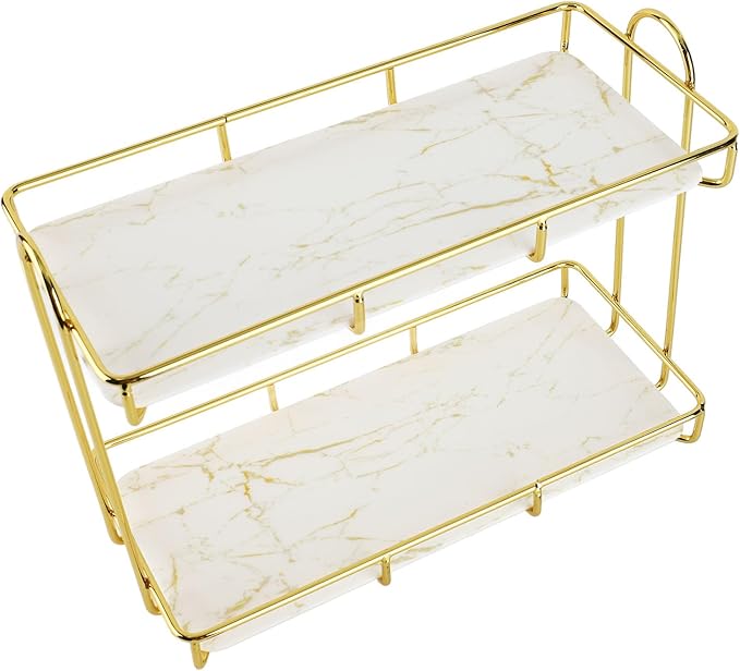 Gold Bathroom Shelf Elegant Gold & White 2 Tier Bathroom Storage Rack - Makeup Shelf with Humanized Design - Anti-Slip Counter Organizer - Sturdy Iron Construction for (Small Size)