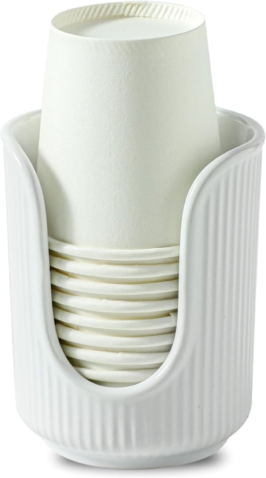 Dobbyby Ceramic Bathroom Cup Dispenser with Stylish Vertical Stripes - Disposable Mouthwash Cup Holder Holds 3-4oz Paper Cups for Rinsing Cups on Bathroom Vanity Countertops (White)