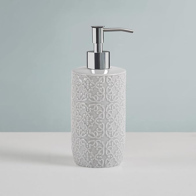 Martha Stewart Ceramic Bathroom Accessories Set, Vanity Decor Storage Organizer, Embossed Damask Medallion, Lotion/Soap Dispenser, Toothbrush Holder, Tumbler, Trinket Dish, Assorted Sizes Grey