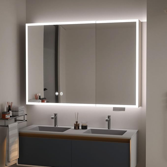 32x24 Lighted Medicine Cabinet with Mirror, Recessed or Surface Led Medicine Cabinet with Color Adjustment and Anti-Fog, 2 Doors Aluminum Cabinet, Cream White (No Assembled Required)