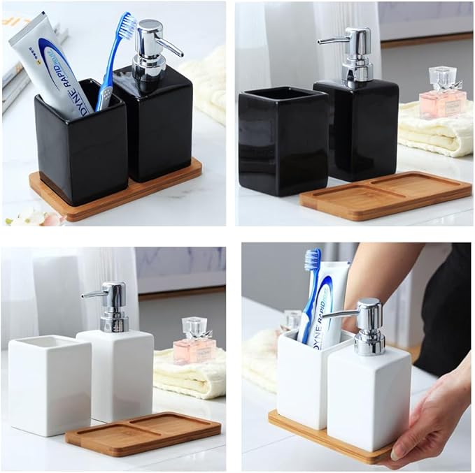 Black Soap Dispenser and Toothbrush Holder with Tray,Ceramic Bathroom Accessories Set Modern Decor Bath Set,Countertop Organizer