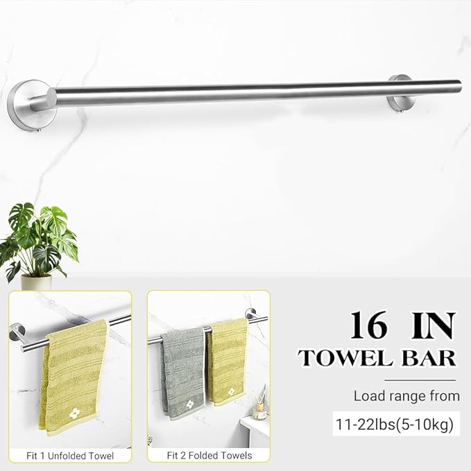 Brushed Silver Bathroom Towel Bar Set, 5-Piece Stainless Steel Hardware Bathroom Accessories, 16" Towel Racks for Bathroom Walls