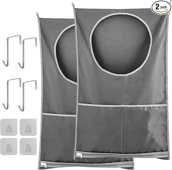 Hanging Laundry Hamper, Over The Door Laundry Hamper, Hanging Laundry Bag with Pockets Zipper Foldable Lightweight, For Rv Camper Apartment College Dorm Room Storage Small Space Organizer, 2 Grey Pack