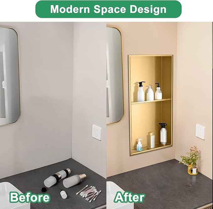 SaniteModar Shower Niche, Stainless Steel Shower Niche No Tile Needed, Recessed for Bathroom Storage (Brushed Gold, 12x24,Double)