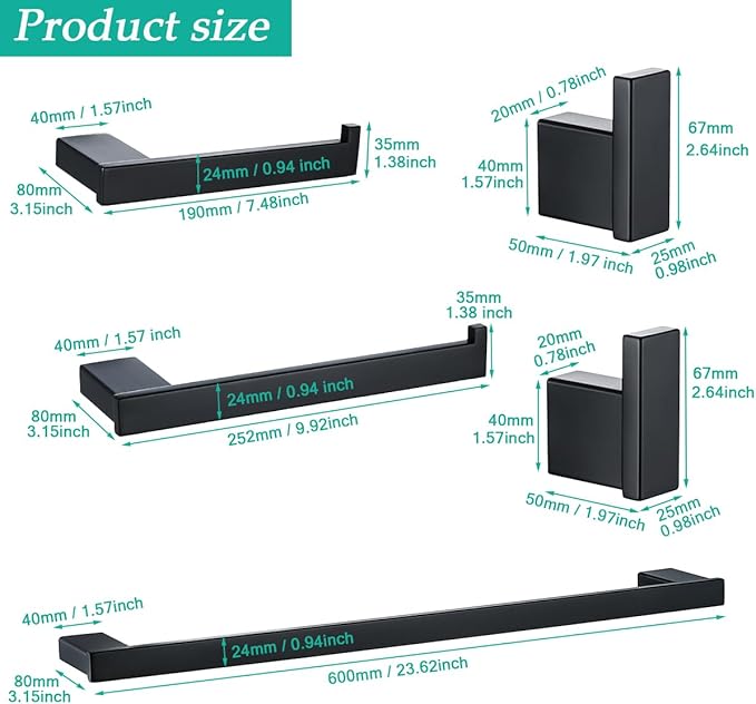 5-Pieces Matte Black Bathroom Accessories Set, Stainless Steel Bathroom Hardware Set, 23.6 Inch Bath Towel Bar Set, Towel Hooks,Towel Racks for Bathroom Wall Mounted,SE96009S-5MB