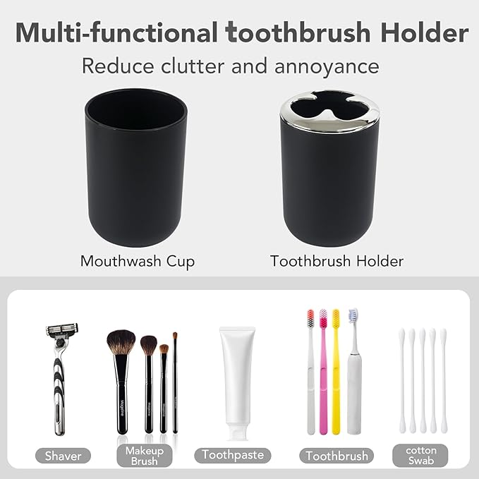Matte Black Bathroom Accessories Set, 4 Piece Plastic Bathroom Toothbrush Holder Set, Include Soap Dispenser, Toothbrush Holder, Rinse Cup, Soap Dish, Boho Black Bathroom Decor for Home, Bathroom Set