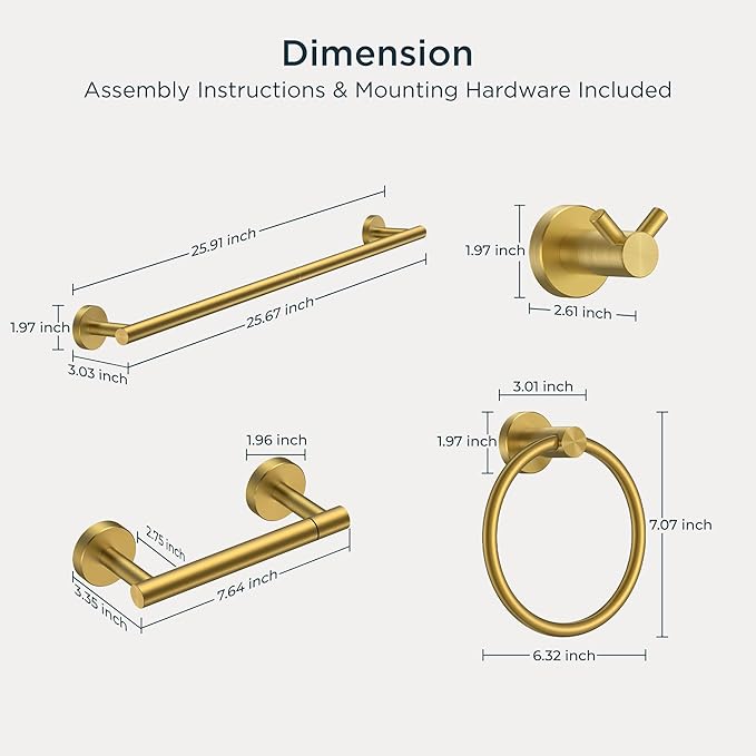 FORIOUS Bathroom Hardware Accessories Set, SUS304 Stainless Steel Towel Bar Set, Modern Towel Racks Holder for Bathroom, Toilet Paper Holder Wall Mounted 4 Pieces(24" Bar, Brushed Gold)