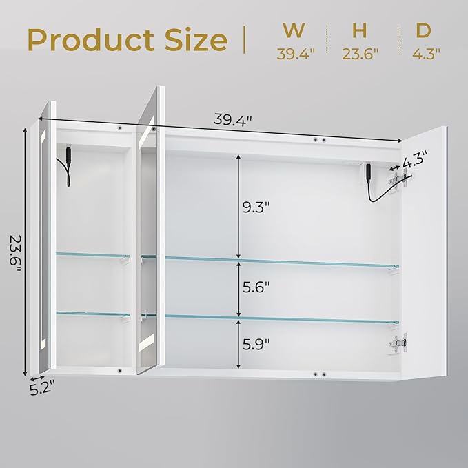 DICTAC Medicine Cabinet with Mirror and LED Light, Wall Mounted Bathroom Mirror with Storage, 3 Doors Bathroom Wall Cabinet, Memory Dimmable 3 Color Temp, Adjustable Shelves, 39.4''x23.6''