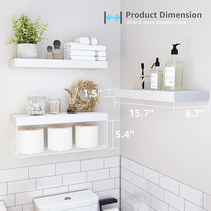 Bathroom Shelves Over Toilet - Heavy Duty Storage Rack, 25+ lbs Weight Capacity, Minimalist Design Wall Mounted Floating Shelves Toilet Paper Storage Farmhouse Decor Shelf 16 inch (White, General, 3)