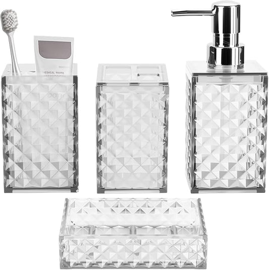 Bathroom Accessory Set, Grid Pattern 4 Pcs Plastic Bathroom Set Include Soap Dispenser, Soap Dish, Toothbrush Holder, Mousewash Cup, Modern Bahtroom D??cor Set(White)
