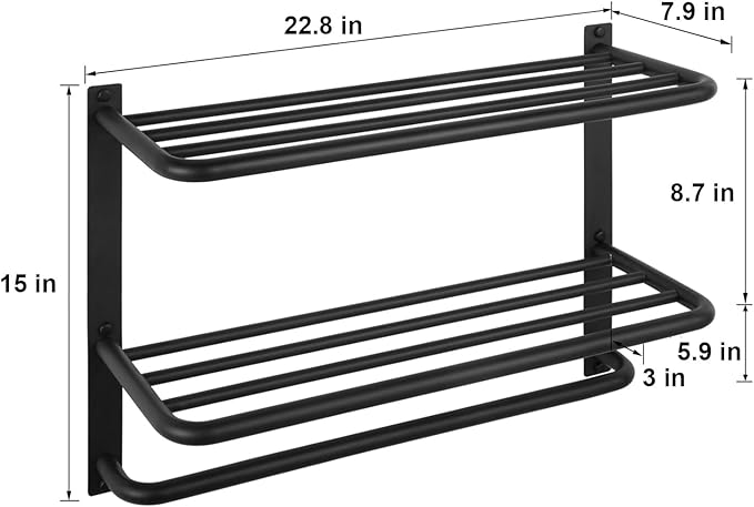 Towel Rack for Bathroom, DEWVIE 23 Inch Tower Holder with Tower Bars, SUS 304 Stainless Steel Lavatory Bath Towel Shelf Towel Hanger Wall Mount, 3-Tier (Matte Black)