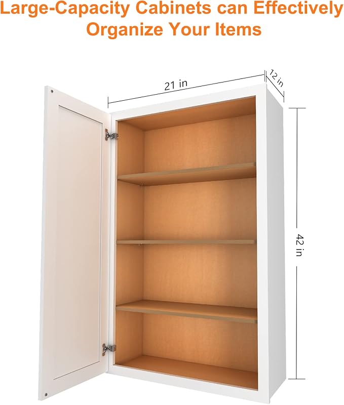 ROOMTEC Wood Wall Cabinet,RTA Single Door Medicine Cabinet with Adjustable Shelves and Soft-Close Door for Kitchen, Bathroom, and Laundry. 12" D*21" W*42" H, Shaker White
