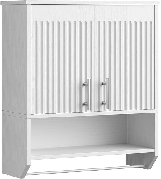 HOOBRO Fluted Bathroom Wall Cabinet, Farmhouse Medicine Cabinet with 2 Fluted Doors, Wall Storage Shelf with Towel Rack, Adjustable Shelf, for Small Spaces, Bathroom, Kitchen, White