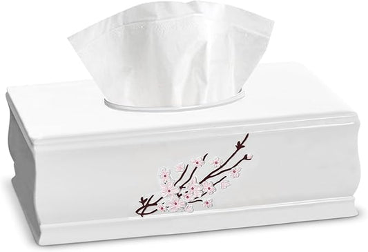 Creative Scents Vanda Rectangle Tissue Box Cover - Decorative Cherry Blossom Tissue Holder for Bathroom - White Tissue Box Holder Rectangular with Durable Bottom Slider - White Bathroom Accessories