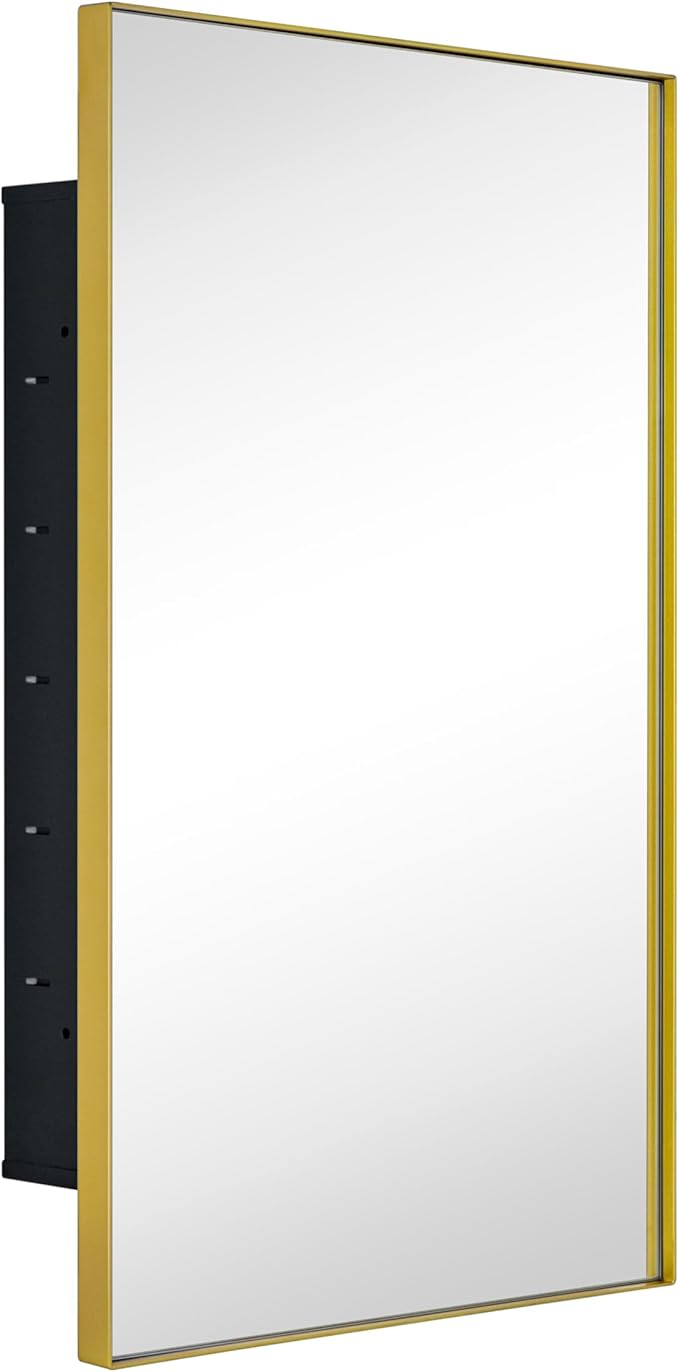 TEHOME Recessed Mount 16x26'' Squared Rectangle Brushed Gold Bathroom Medicine Cabinet with Mirror Gold Metal Framed Rectanglular Medicine Cabinet 2 Adjustable Glass Shelves