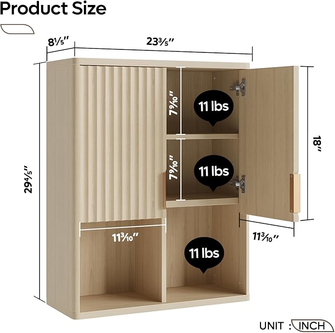 Besiter Fluted Bathroom Wall Cabinet, 23"x 29" Wall Mounted Medicine Cabinet with 2 Doors & Adjustable Shelves, Over The Toilet Storage Cabinet for Laundry Rroom, Kitchen & Living Room, Natural Oak