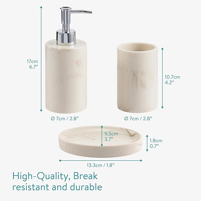 Navaris Decorative Bathroom Accessories Set - 3-Piece Bath Accessory Kit with Toothbrush Holder Liquid Soap Dispenser and Soap Dish Tray Set - Marble