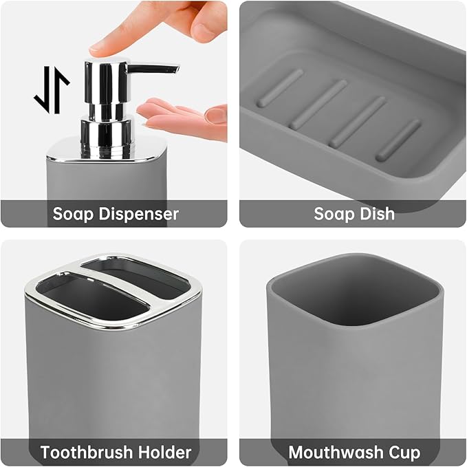 4 Piece Bathroom Accessories Set, Boho Bathroom Decor, Bathroom Sets Complete, Soap Dispenser, Toothbrush Holder, Mousewash Cup and Soap Dish, Bathroom Sink Set for Modern Home Decor