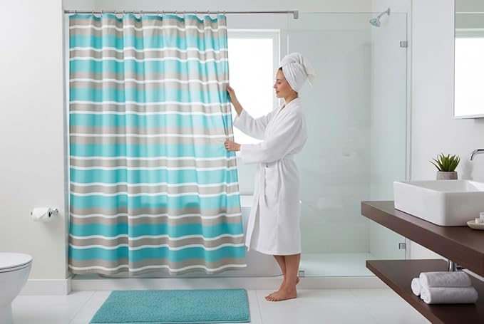 Serafina Home Striped Fabric Shower Curtain, Aqua Brown White Coastal Design, 70 x 72 Inches, with Hooks