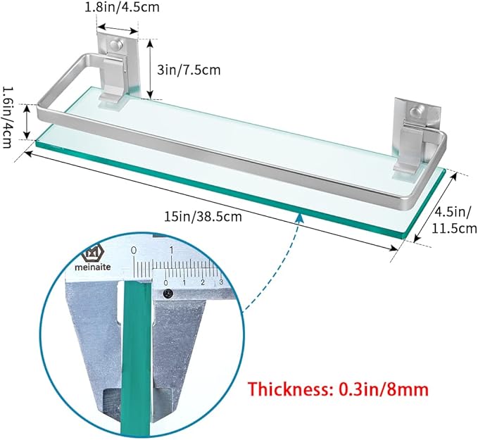 2-Pack Tempered Glass Bathroom Shelf with Rail, 15" x 4.5" Rectangular Shower Caddy, Wall Mounted Floating Shampoo Holder for Lavatory, Kitchen, Living Room