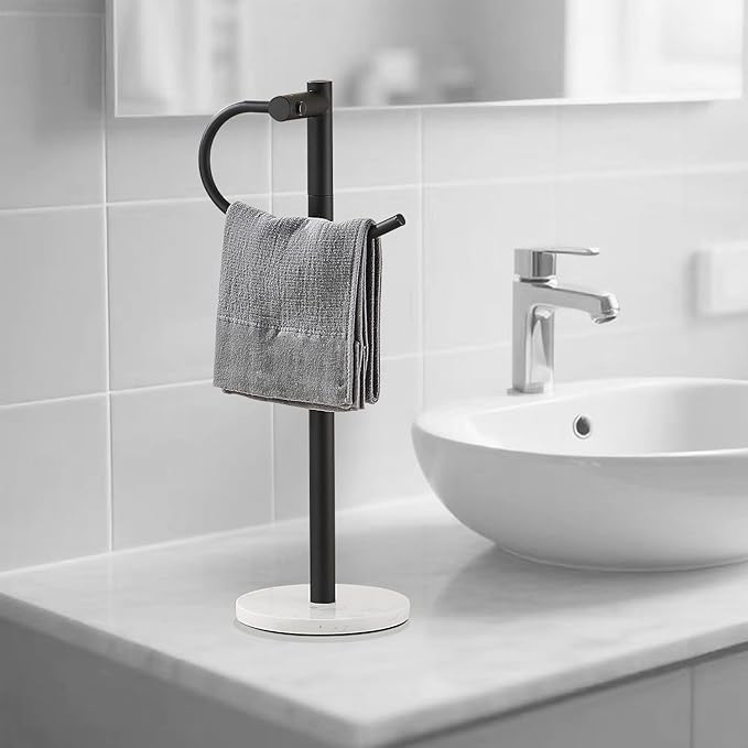 Modern Hand Towel Holder Stand, Freestanding Design with Marble Base,Good Decorating and Using in Bathroom or Kitchen to hange Hand Towel on Vanity countertop,Towel Rack (Black)