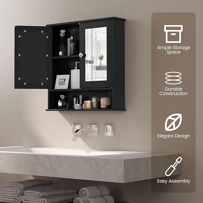 COSTWAY Bathroom Cabinet Wall Mount, Wooden Medicine Cabinet with 2 Mirror Doors, Adjustable Shelf, Open Compartment, for Laundry, Living Room, Kitchen, Black
