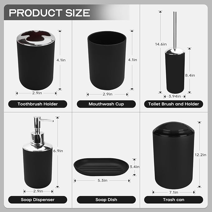 Black Bathroom Accessories Set, 6Pcs Bathroom Accessory Set Includes Toothbrush Holder, Soap Dispenser, Soap Dish, Toothbrush Cup, Toilet Brush, Trash can for Bathroom Countertop Décor