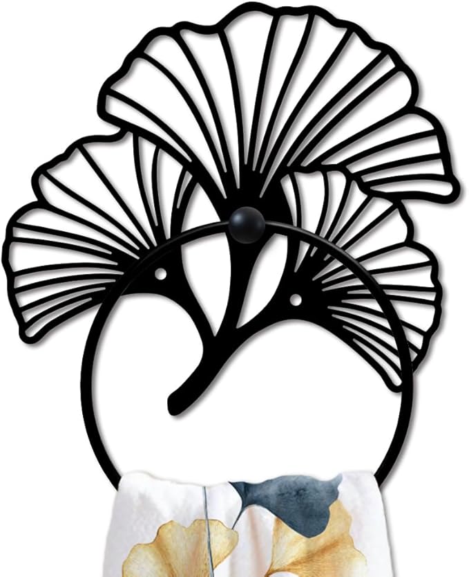 MAYJOYDIY Ginkgo Leaf Metal Towel Ring Plant Leaves Towel Holder for Wall Natural Plant Ginkgo Biloba Black Art Towel Rack Wall Mounted for Bathroom Kitchen Towel Hanger Home Decors Gift
