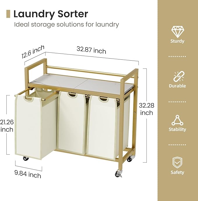 SwaaVee Laundry Hamper, Laundry Basket, Laundry Sorter with 3 Removable Bags, Clothes Basket with 3 Compartments, Wheels, Shelf for Laundry Room Bathroom Bedroom (3 Bags-Golden)
