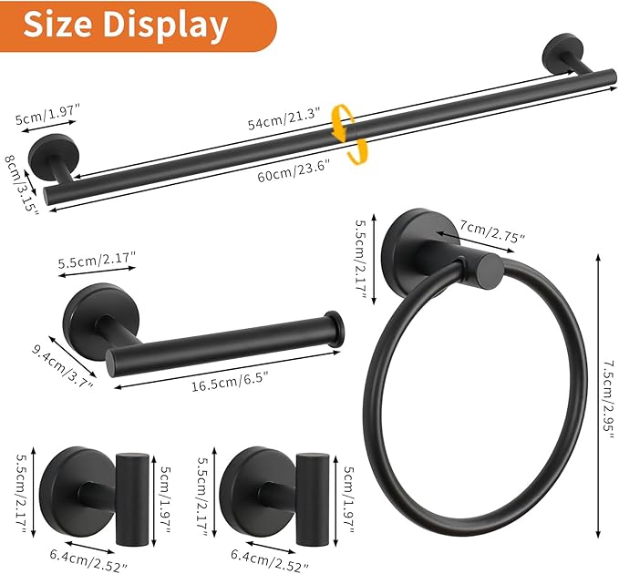 5-Piece Matte Black Bathroom Hardware Set, Towel Racks Set for Bathroom SUS304 Stainless Steel Toilet Paper Holder Wall Mounted, 24 Inch Modern Bathroom Accessories Kit