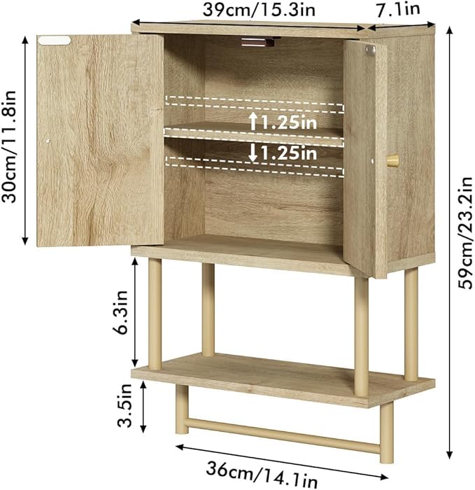 RUSTOWN Rattan Bathroom Wall Cabinet, Modern Boho Medicine Cabinet with Two Arched Rattan Doors, Over The Toilet Storage Cabinet with Adjustable Shelf and Towel Bar for Bathroom (Natural, Small)