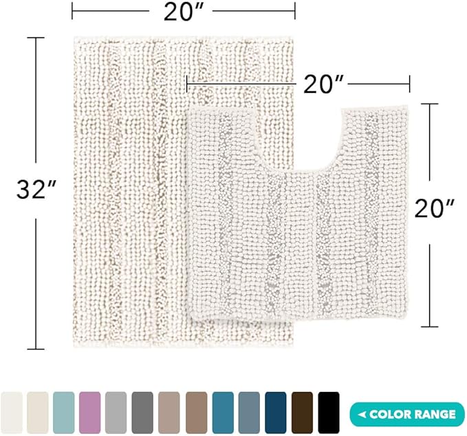 Turquoize Chenille Bathroom Rugs Set Non-Slip Bath Mats for Bathroom Super Absorbent Shaggy Shower Mat for Tub Kitchen Plush Bath Rug Plus U Toilet Mat (Standard: 20" x 32" and 20" x 20" U), Ivory