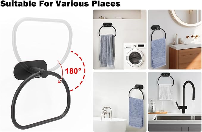 Livabber Towel Ring for Bathroom, 304 Stainless Steel Hand Towel Holder, Heavy Duty Towel Hanger for Bath, Kitchen, Hotel (4″ Self-Adhesive Base, Black)