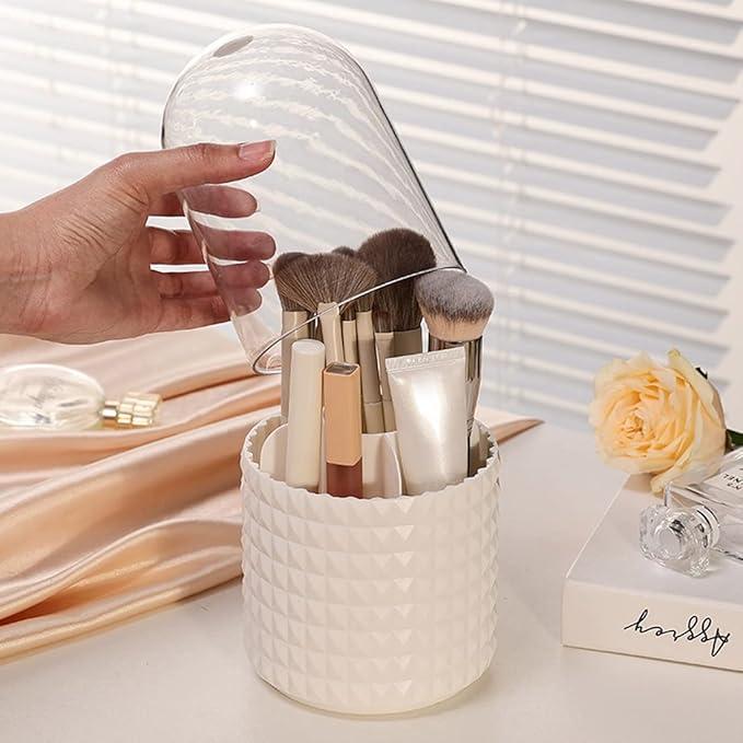 Makeup Brush Holder Organizer with Lid,360?? Rotating Dustproof Make Up Brushes Container with Clear Acrylic Cover, Spinning Cosmetics Holders Storage Cup with 5 Compartment for Vanity and Bathroom