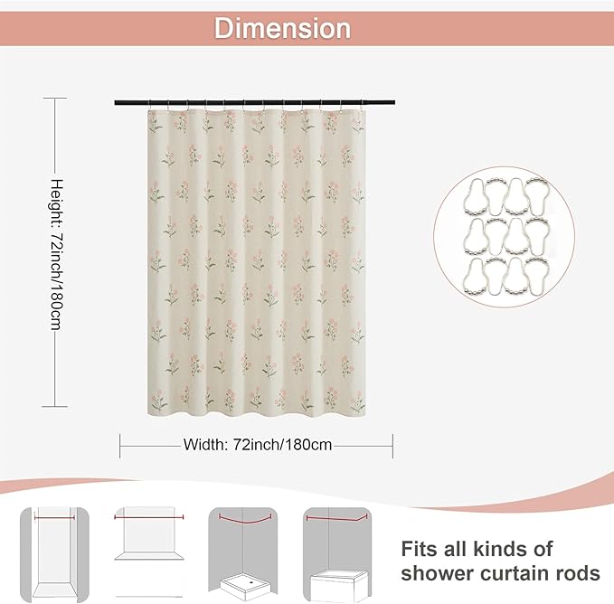 ORTIGIA Linen Shower Curtain Farmhouse Vintage Pink Green Floral Shower Curtains Boho Rustic Block Print Cottagecore Decor for Bathroom 72 W x 72 L