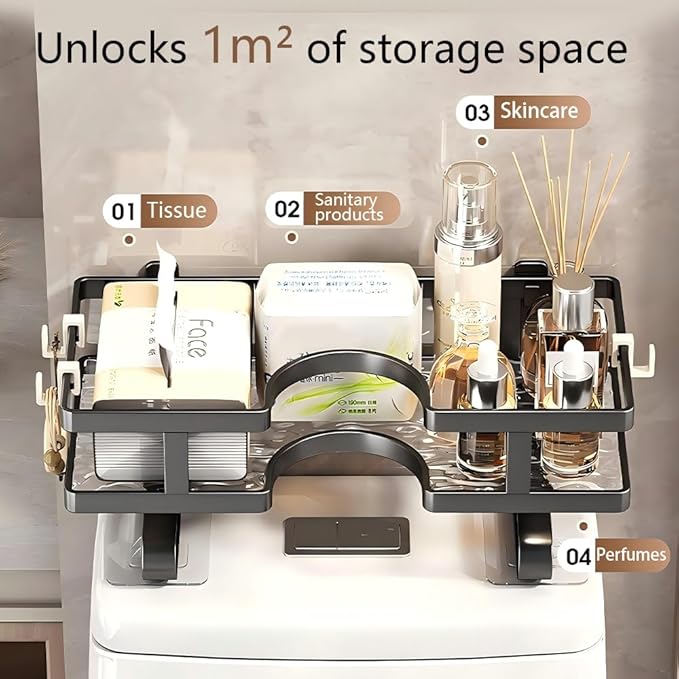 Over Toilet Storage Shelf No-Drill Floating Shelf with 3 Hooks, Easy Install Space-Saving Bathroom Organizer, Fits Most Toilets (No Block Flush Button), for Towels, Toilet Paper, Decor (Black)