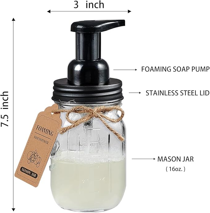 Amolliar Mason Jar Bathroom Accessories Set(4 Pack) - Foaming Soap Dispenser&Qtip Holder Set&Toothbrush Holder-Rustic Farmhouse Decor Bathroom Organizer Apothecary Jar Country Countertop (Black)