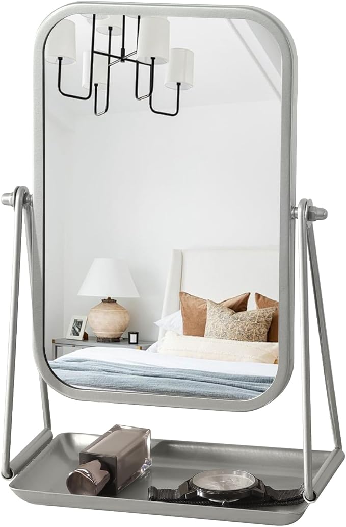 Small Desk Mirror with Storage Tray Silver Iron Frame Standing Mirrors for Desk Countertop Makeup Mirror with 360 Degree Swivel Portable Vanity Mirror for Living Room Bedroom Bathroom