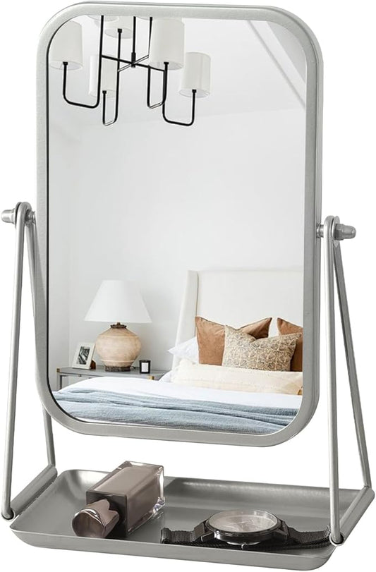 Small Desk Mirror with Storage Tray Silver Iron Frame Standing Mirrors for Desk Countertop Makeup Mirror with 360 Degree Swivel Portable Vanity Mirror for Living Room Bedroom Bathroom