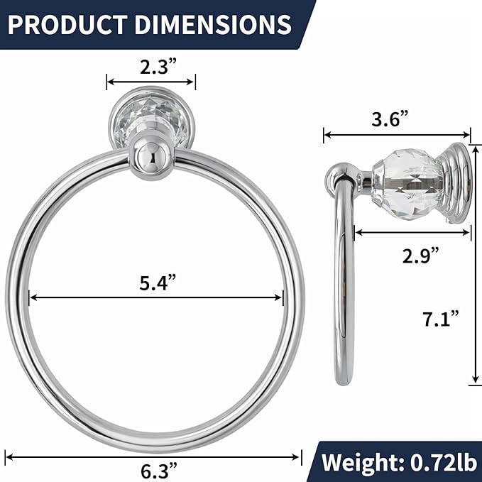 Silver Towel Ring with Crystal, Round Hand Towel Holders for Bathrooms, Stainless Steel Hand Towel Rack Wall Mounted for Luxury Modern Bathroom, Kitchen, Hotel