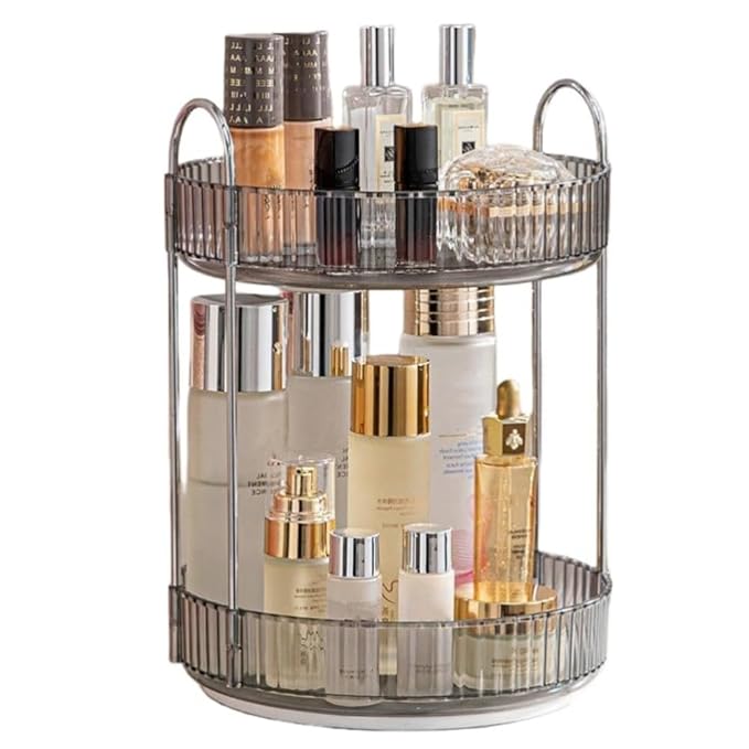 Makeup Organizer for Vanity, 360° Rotating Bathroom Organizer Countertop, High-Capacity Skincare Organizer, Spinning Cosmetics Organizer for Dresser Countertop (2 Tiers, Grey)