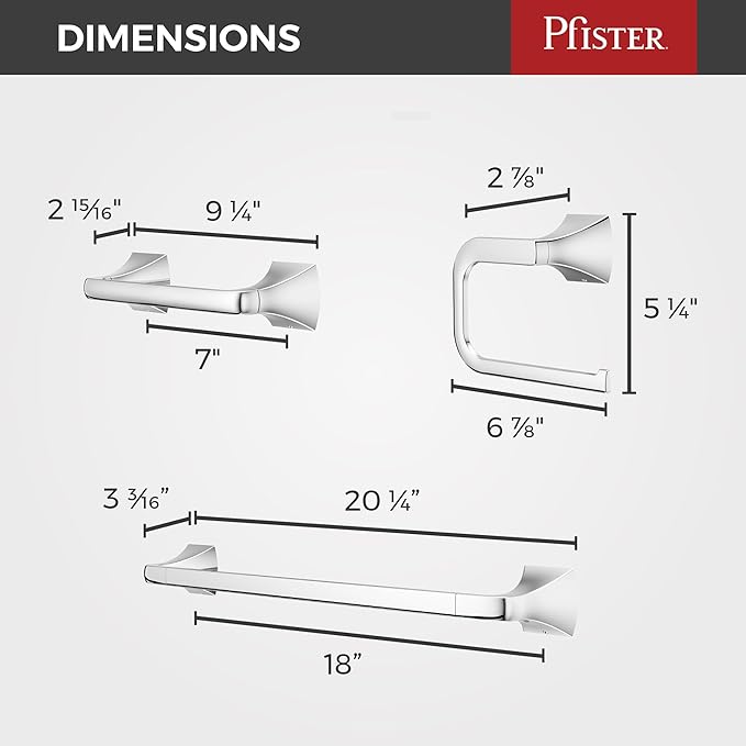 Pfister Bruxie 3-Piece Bathroom Hardware Set with Towel Bar, Towel Ring, and Toilet Paper Holder, Wall-Mounted, Polished Chrome Finish, BTBBIE3C